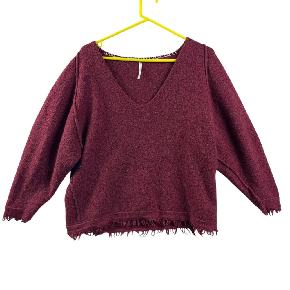Free People Wool Linen Boxy V Neck Sweater Womens XS Red Fringe